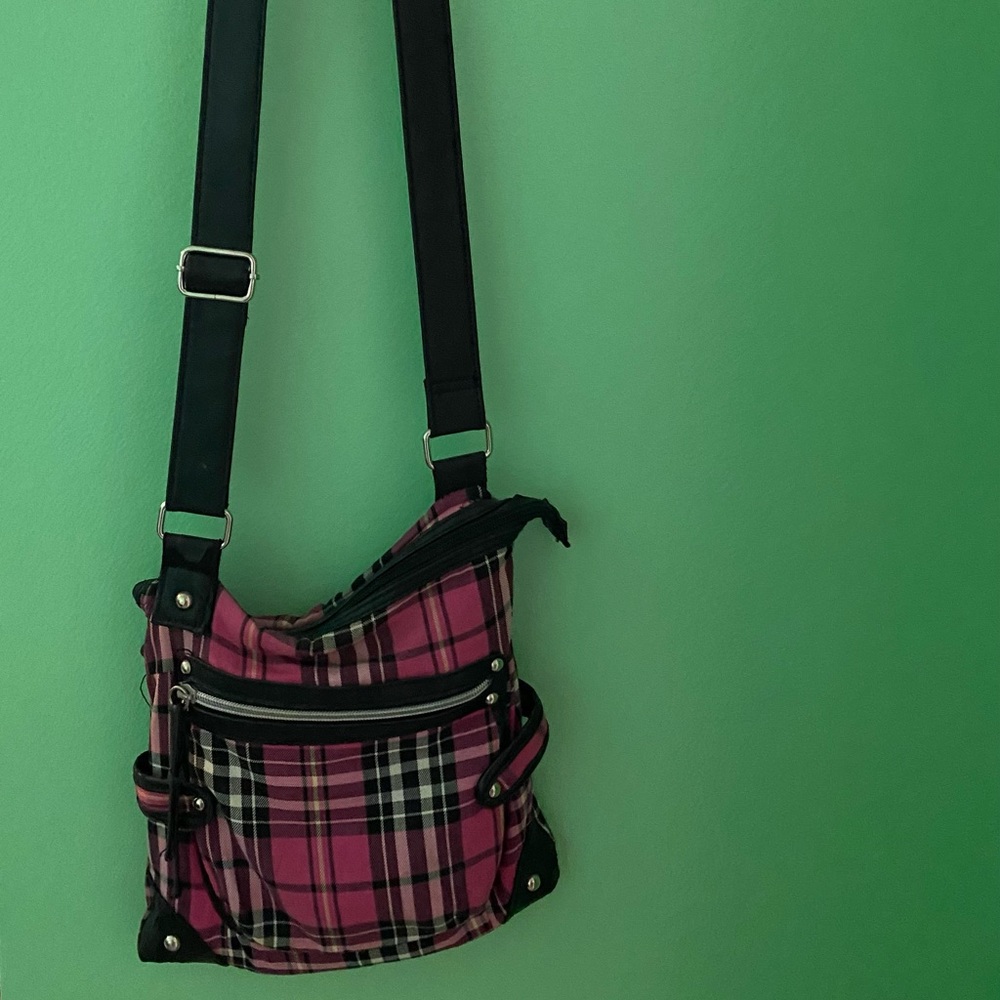 Pink and black plaid purse